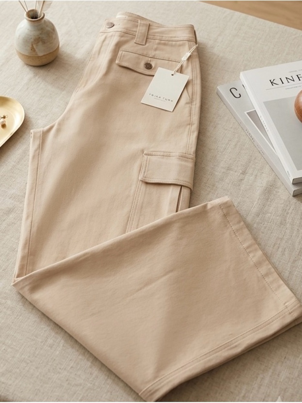 Trina Turk Beige Wide-Leg Cargo Jeans - Picture 3 of 3